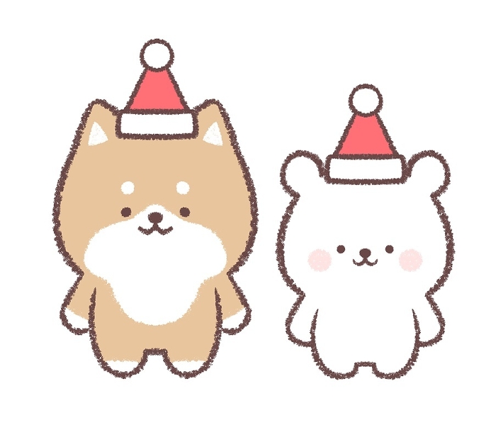 Shiba Inu and child polar bear wearing Santa hat