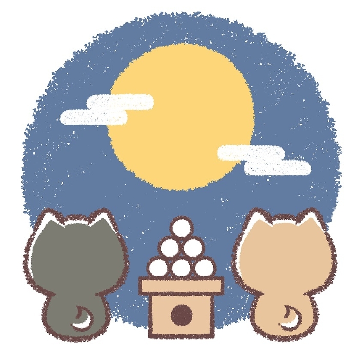 Shiba Inu in the back, black Shiba Inu and tsukimi-dango (moon-viewing dumplings)