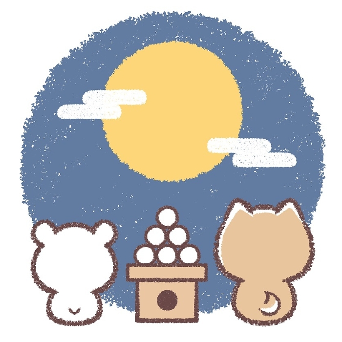 Shiba Inu in the back, a child polar bear and tsukimi dango (moon viewing dumplings)