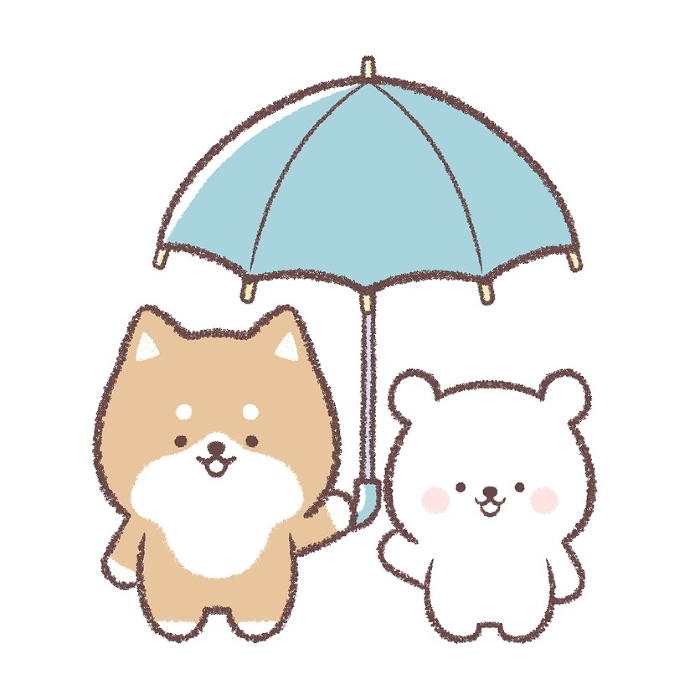 Shiba Inu and a child polar bear in an umbrella