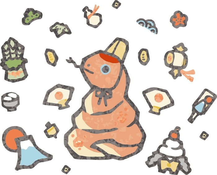 Nengajo 2025 New Year's card material Year of the Snake Snake, seals, prints, icons, Asorai, cute Japanese-style illustration