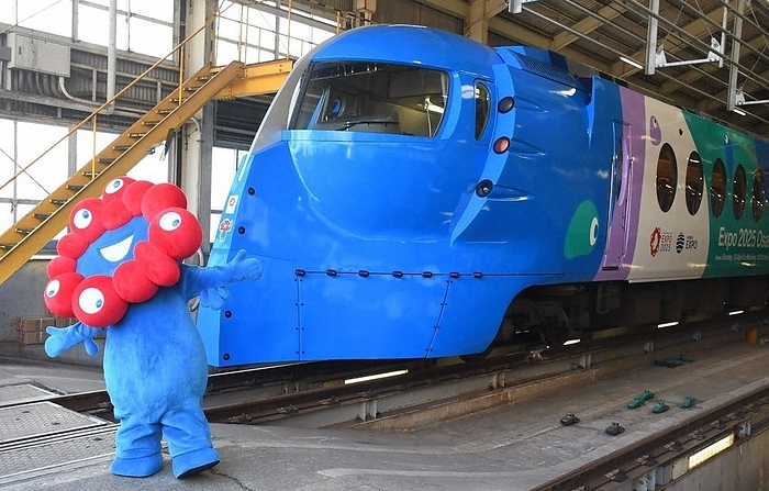 Expo 2025 Osaka Kansai Rapid express train to be made to Expo specifications Nankai s  Rapito  express train and its official character  Myakmyak  wrapped for the one year anniversary of the opening of the Osaka Kansai Expo, April 12, 2024, 2:09 p.m. in Izumisano, Japan  photo by Sakikazu Nakamura
