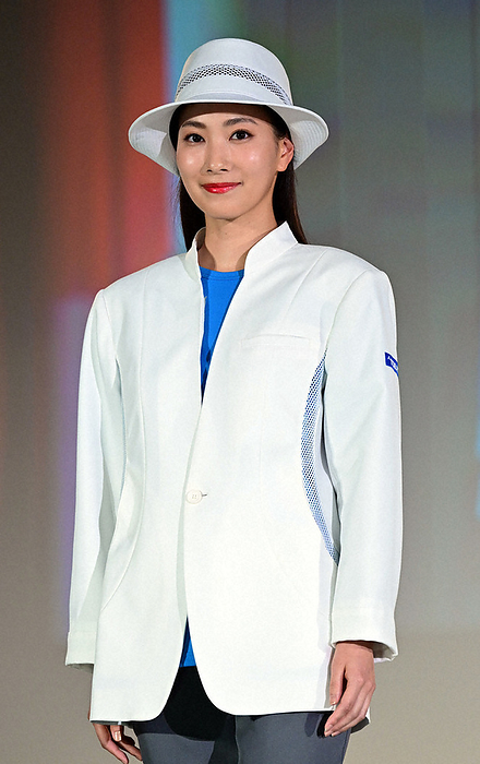 One year before the opening of Expo 2025 Osaka Kansai Model Rina Yokogawa poses in the formal uniform of an association official at an event held one year before the opening of the Osaka Kansai Expo in Minato ku, Tokyo, April 13, 2024, 3:16 p.m. Photo by Naho Kitayama