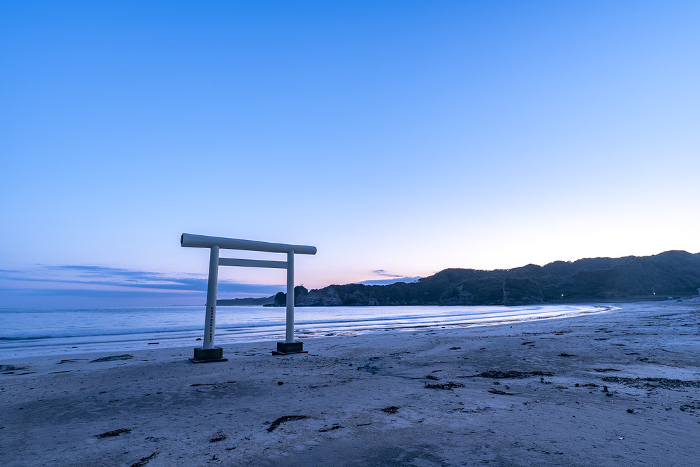 Yasaka Shrine Ichino Torii (White Torii) at dusk, Ubara Beach, Katsuura City, Chiba Prefecture