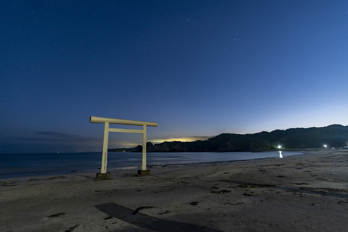 Yasaka Shrine Ichino Torii (White Torii) at night, Uhara Beach, Katsuura City, Chiba Prefecture