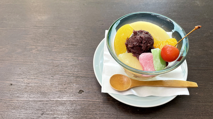 Colorfully decorated anmitsu Japanese sweets