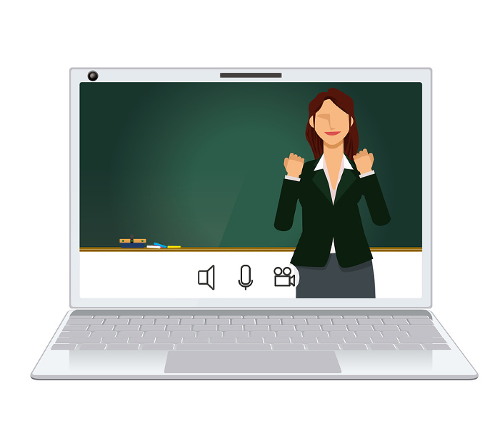 Image illustration of online class Japanese female teacher, professor, lecturer, seminar with flat design