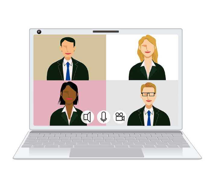Illustration of an image of an online meeting of four people. Illustration of businessmen of various ethnicities in a four-part flat design.
