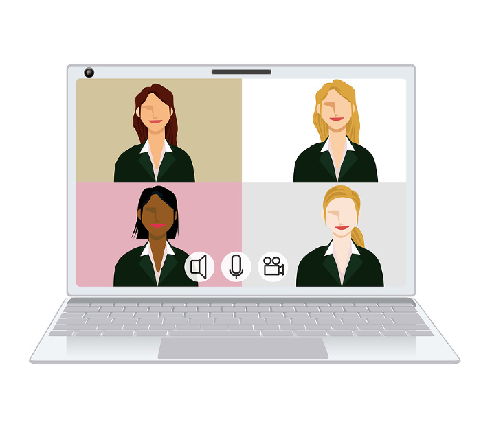 Illustration of image of online meeting of 4 people, 4 split flat design female businessmen of various ethnicities.