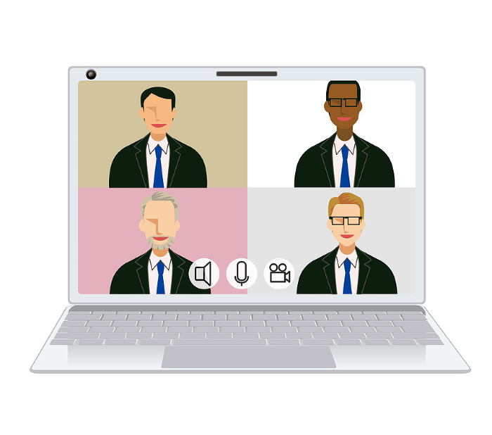 Illustration of image of online meeting of 4 people, 4 split flat design male businessmen of various ethnicities.
