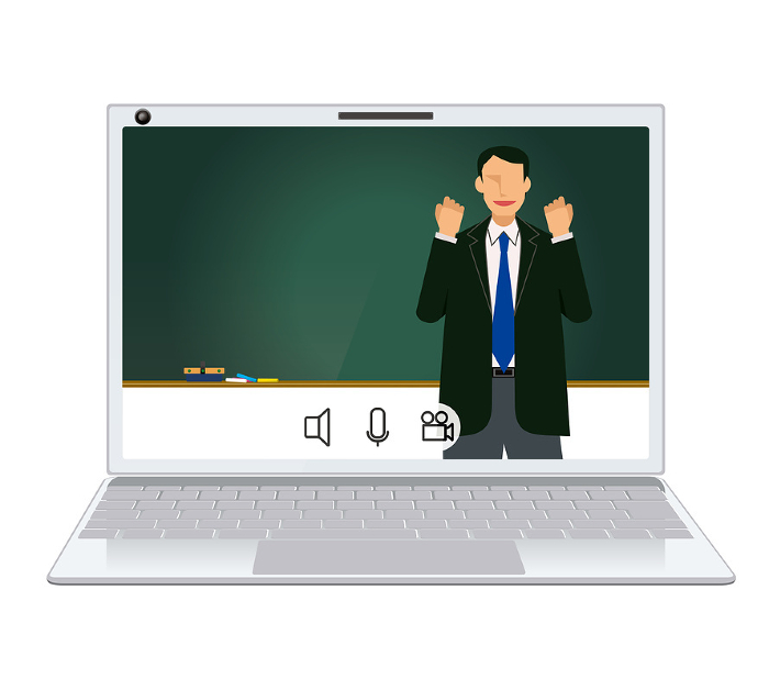 Image illustration of online class Japanese male teacher, professor, lecturer, seminar with flat design