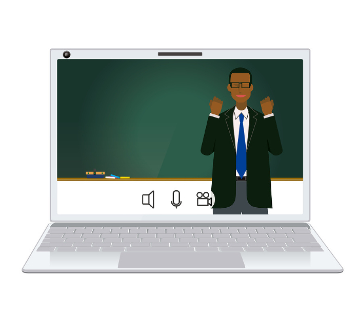 Image illustration of an online class, flat design black male teacher, professor, lecturer, seminar