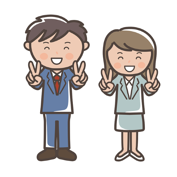 Full body illustration of male and female businessmen smiling and doing a double peace.