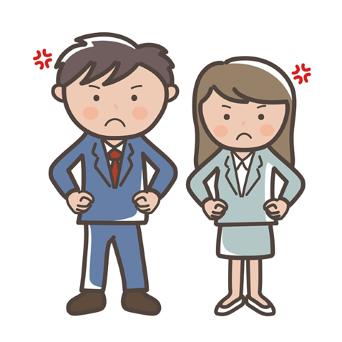 Full body illustration of angry male and female businessmen and women standing on the nioi