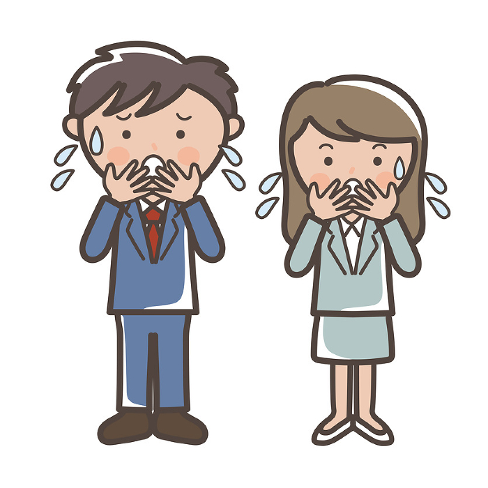 Full body illustration of male and female businessmen and women sweating profusely and in a hurry.