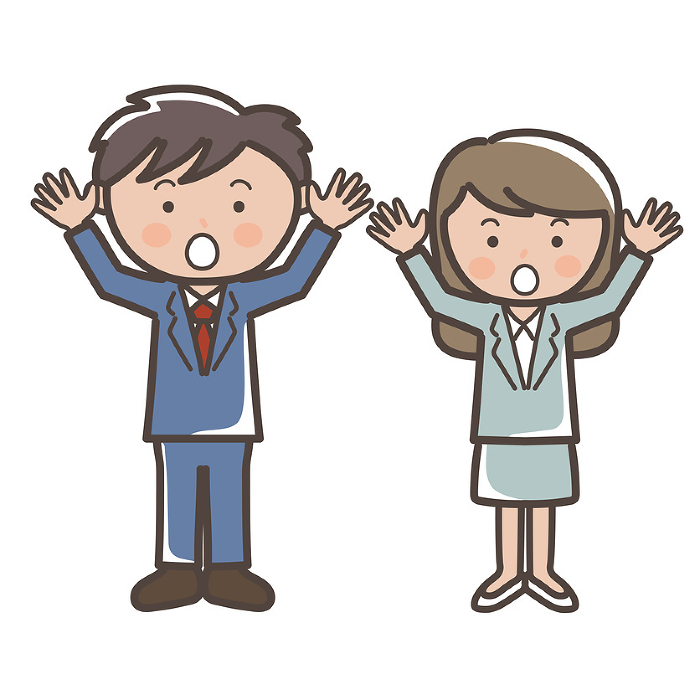 Full body illustration of surprised male and female businessmen with their hands raised.