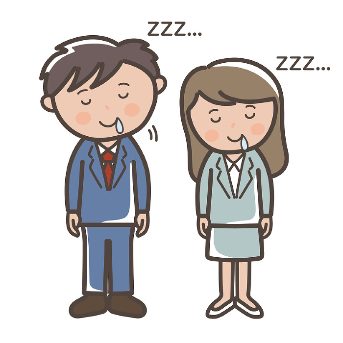 Full body illustration of male and female businessmen dozing off while standing