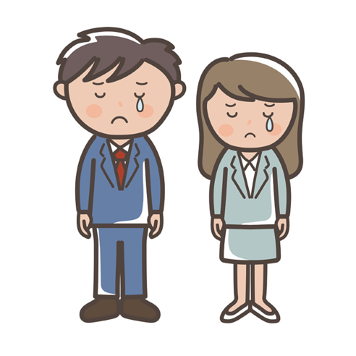 Full body illustration of male and female businessmen crying in frustration.