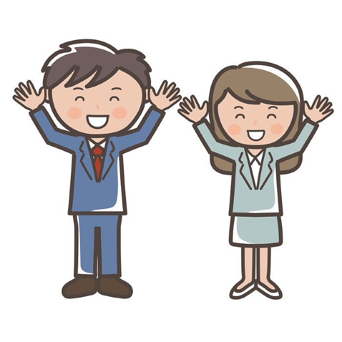 Full body illustration of male and female businessmen and women who are very happy to do banzai.