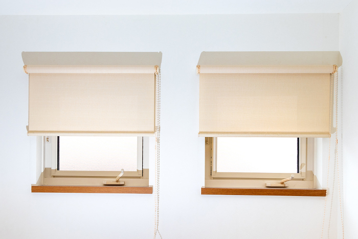 Two small square windows with roll screens