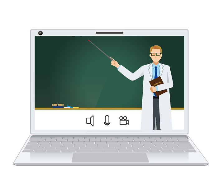 Image illustration of online class White man in white coat with flat design Doctor Doctor