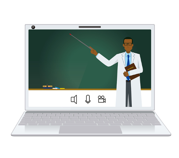 Image illustration of online class Black man in white coat with flat design Doctor Doctor