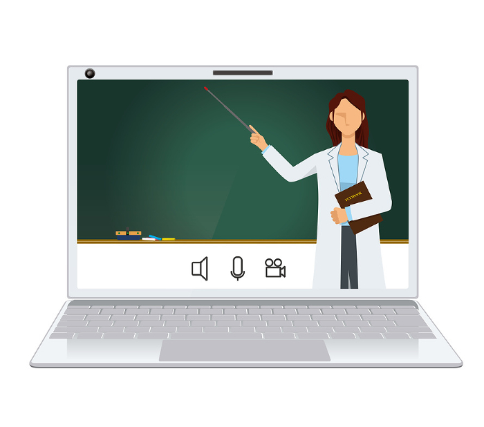 Image illustration of online class Japanese woman in white coat with flat design Doctor Doctor