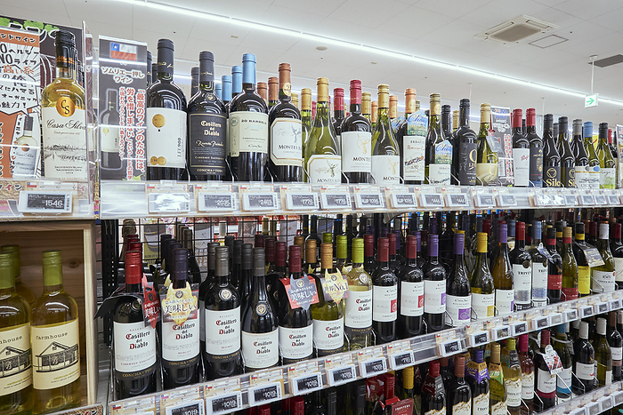 Photo taken in 2024 Supermarket job   wine display shelves March 2024 Chofu City, Tokyo Whinageya Chofu Sengawa Store Shelves featuring Chilean wines