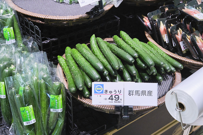 Supermarket job photographed in 2024   Vegetable department March 2024 Chofu City, Tokyo Whinageya Chofu Sengawa Store Gunma grown cucumbers