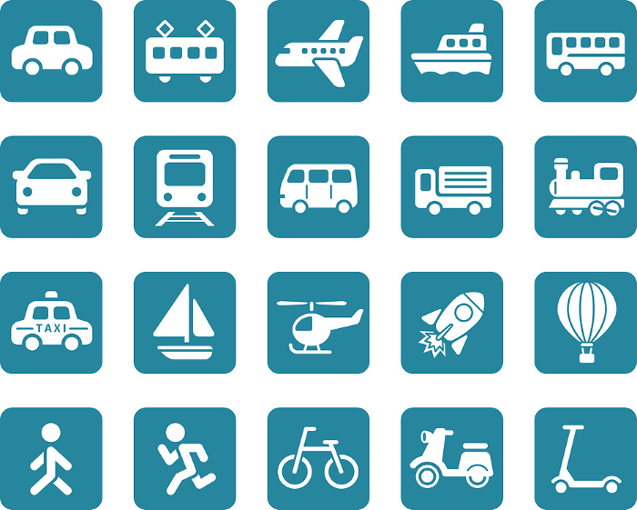Cute and simple traffic and vehicle icons set (white square buttons)