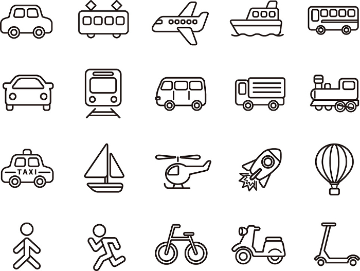 Cute and simple traffic and vehicle icon set (line drawing)