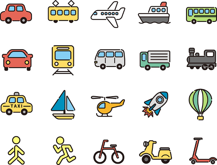Cute and simple traffic and vehicle icon set (color line drawing)