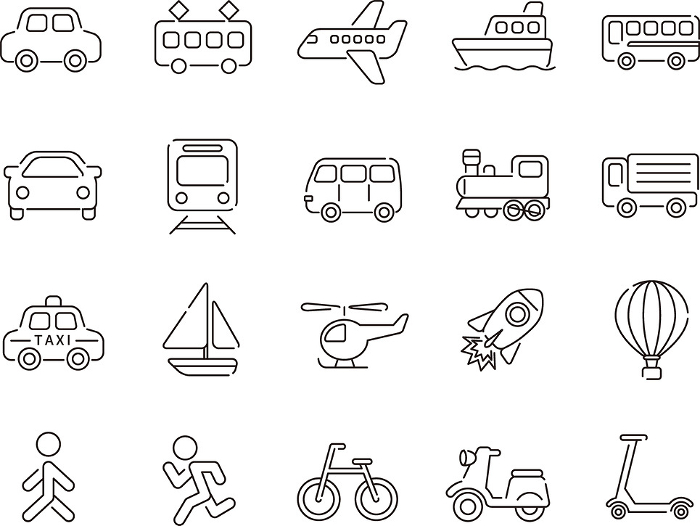 Cute and simple traffic and vehicle icon set (thin line drawing)