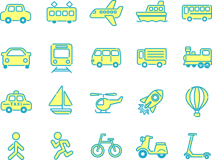 Cute and simple traffic and vehicle icon set (blue and yellow)