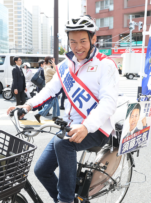 Tokyo 15th House of Representatives by election announced April 16, 2024, the day of the election for the Tokyo 15th ward of the House of Representatives, Genki Sudo  independent , campaigning by bicycle, location: Koto ku, Tokyo.