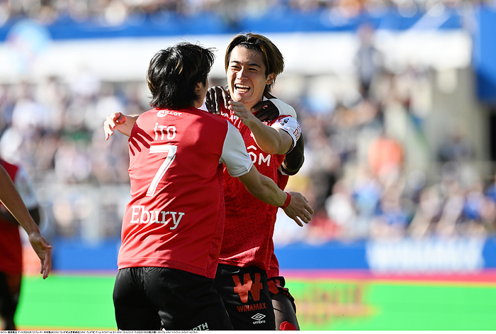 2023 24 Ligue 1 Goal by Nakamura Keito Nakamura  17  celebrates scoring his team s first goal with his teammate Junya Ito  7  during the French L1 soccer match at Stade de la Meina in Strasbourg, France on April 13, 2024.  Photo by Takamoto Tokuhara AFLO 