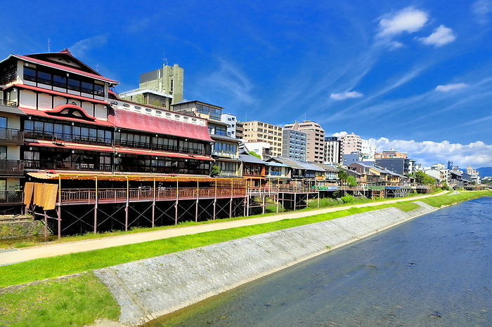Kamo River and houses along the Kamo River Kyoto City, Kyoto Prefecture