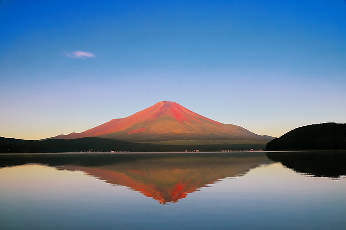 Red Fuji on a Summer Morning and Lake Yamanakako in Silence Yamanakako Village, Yamanashi Prefecture