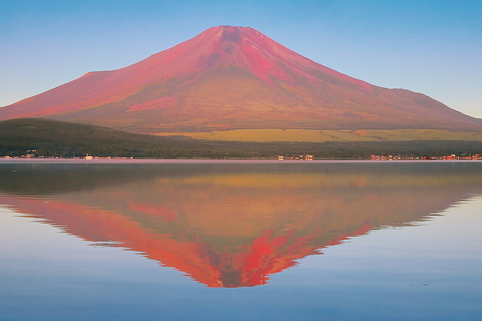 Red Fuji on a Summer Morning and Lake Yamanakako in Silence Yamanakako Village, Yamanashi Prefecture