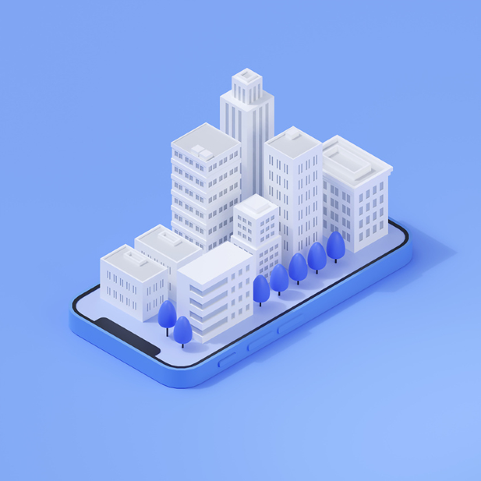 3DCG｜Isometric｜Tall skyscrapers rising above smartphones