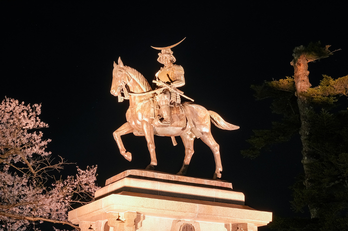 Statue of Date Masamune, Ruins of Sendai Castle at night, Sendai City, Miyagi Prefecture