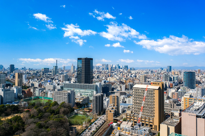 View of the city from the observation lounge of the Bunkyo Civic Center, Tokyo, looking toward Shinjuku