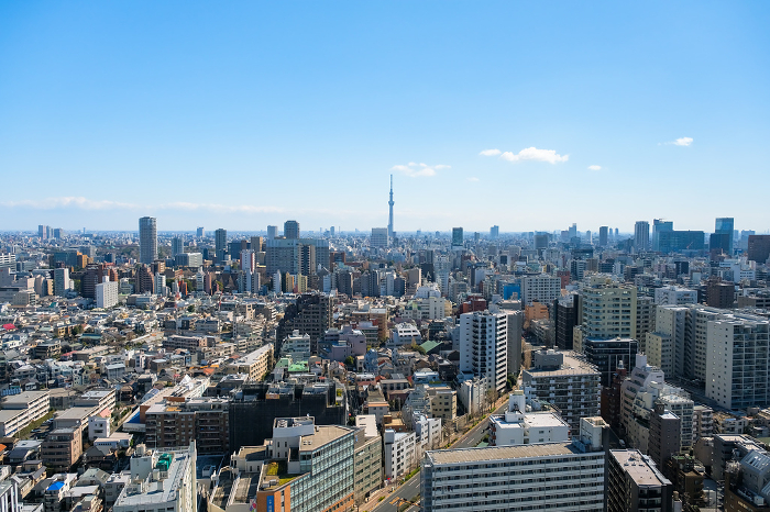View of the city from the observation lounge at the Bunkyo Civic Center, Tokyo, toward the Tokyo Sky Tree