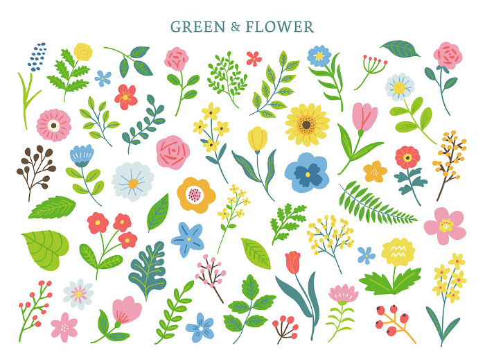 Colorful illustration set of plants and flowers