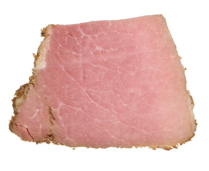 Square piece of smoked pork meat on isolated background, top view Square piece of smoked pork meat on isolated background, top view