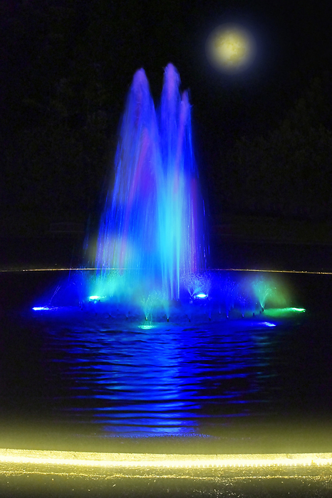 Kyoto Botanical Garden Fountain Lighting up Kyoto City, Kyoto Prefecture Fountain at Kyoto Botanical Garden lit up in beautiful colors Full moon  full moon is a composite photo 