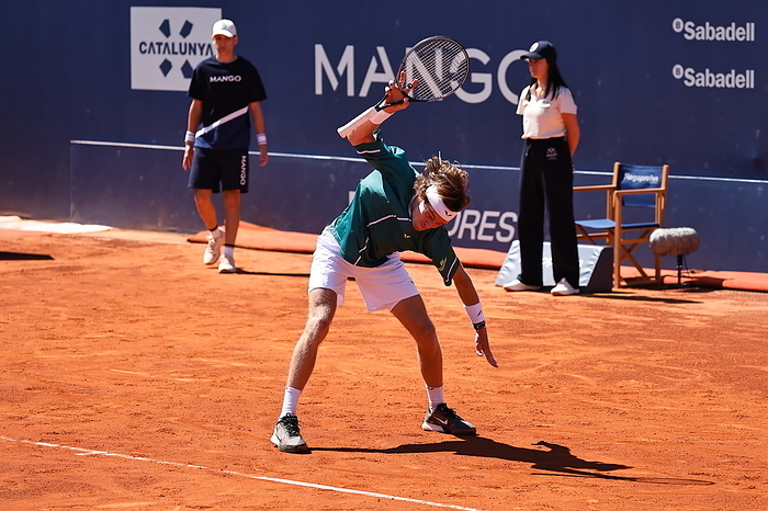 2024 Barcelona Open 2nd Round Andrey Rublev  RUS , APRIL16, 2024   Tennis : Rublev is frustrated after losing a point and slamming his racket down during singles 2nd round match against Brandon Nakashima on the Barcelona Open Banc Sabadell tennis tournament at the Real Club de Tenis de Barcelona in Barcelona, Spain.  Photo by Mutsu Kawamori AFLO 