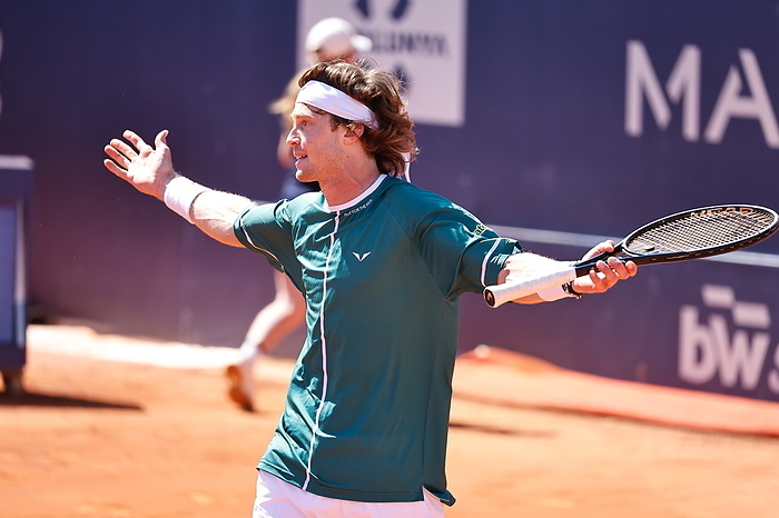 2024 Barcelona Open 2nd Round Andrey Rublev  RUS , APRIL16, 2024   Tennis : Rublev is frustrated after a missed shot during singles 2nd round match against Brandon Nakashima on the Barcelona Open Banc Sabadell tennis tournament at the Real Club de Tenis de Barcelona in Barcelona, Spain.  Photo by Mutsu Kawamori AFLO 
