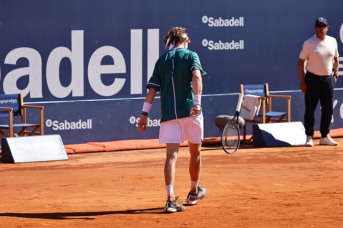 2024 Barcelona Open 2nd Round Andrey Rublev  RUS , APRIL16, 2024   Tennis : Rublev is frustrated after losing a point and slamming his racket down during singles 2nd round match against Brandon Nakashima on the Barcelona Open Banc Sabadell tennis tournament at the Real Club de Tenis de Barcelona in Barcelona, Spain.  Photo by Mutsu Kawamori AFLO 