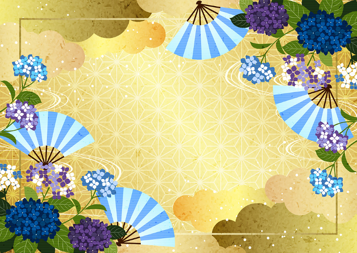 Rainy season, Hydrangea, Illustration, Background, Japanese Pattern, Gold, Horizontal, Cute